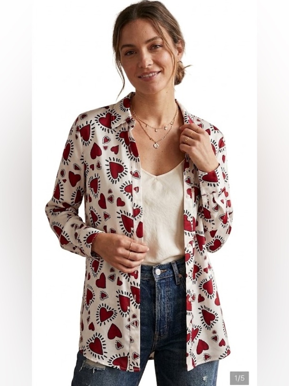 Lulumari White Satin Top with Red Heart Motif